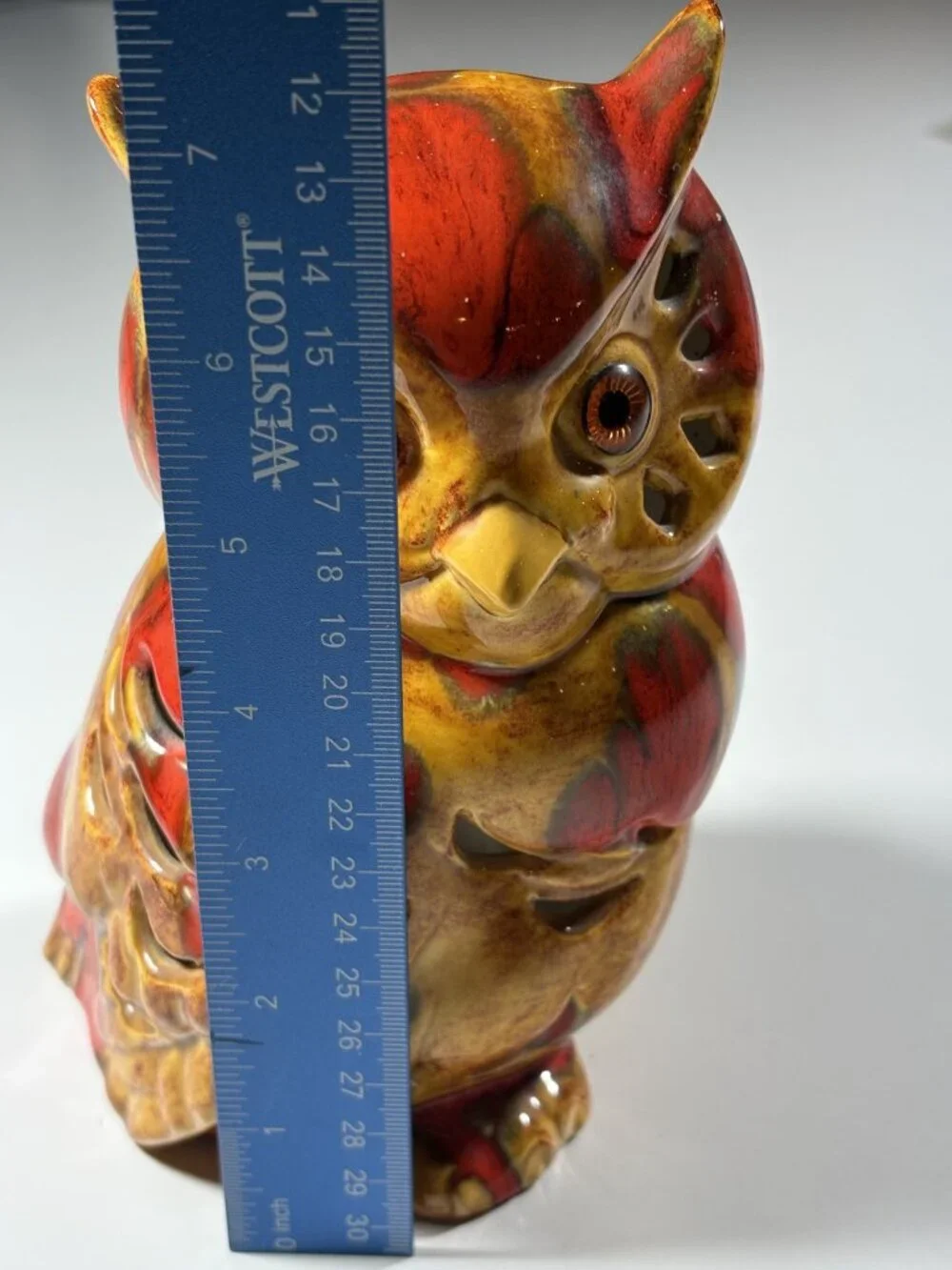 Vintage Ceramic Owl Tea Light Holder Handcrafted Red Brown Glazed Luminary 7" - Picture 9 of 10